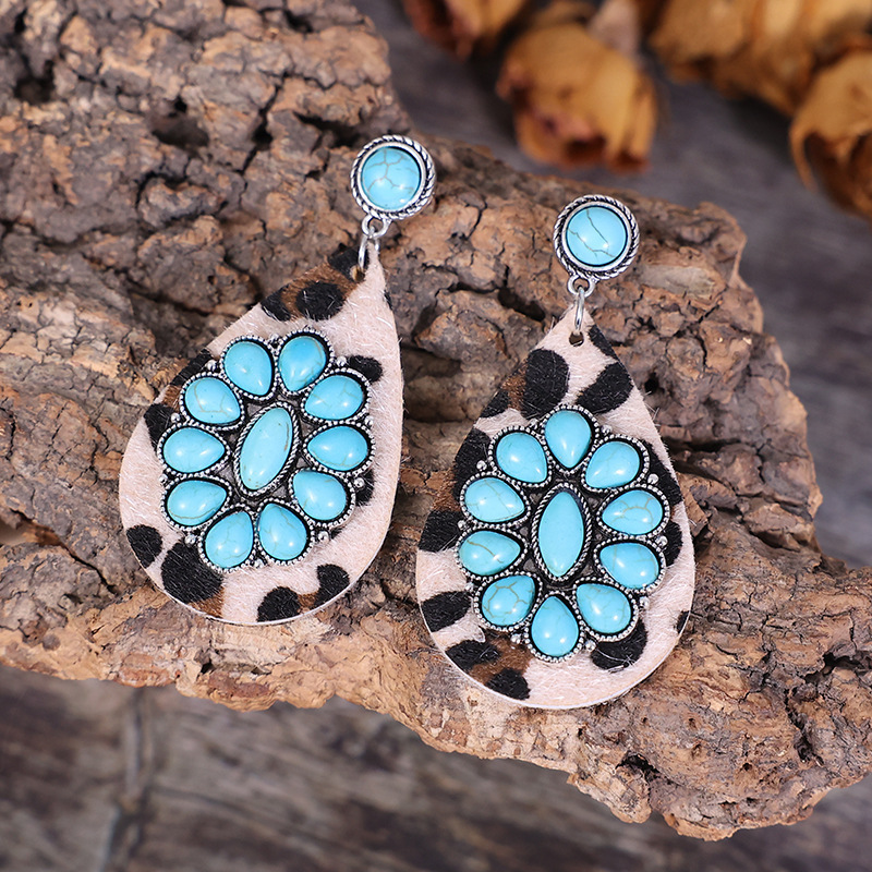 1 Pair Retro Water Droplets Pu Leather Plating Turquoise Women's Drop Earrings display picture 4