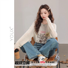 又巷【涂鸦派对】韩版宽松上衣2025早春长袖圆领字母印花t恤女