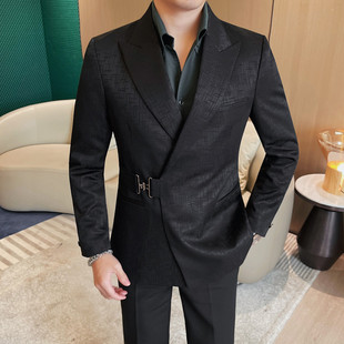 New Product Dropshipping Men's Jacket Fashion Metal Buckle Design Suit Men's Plaid Business Casual Suit