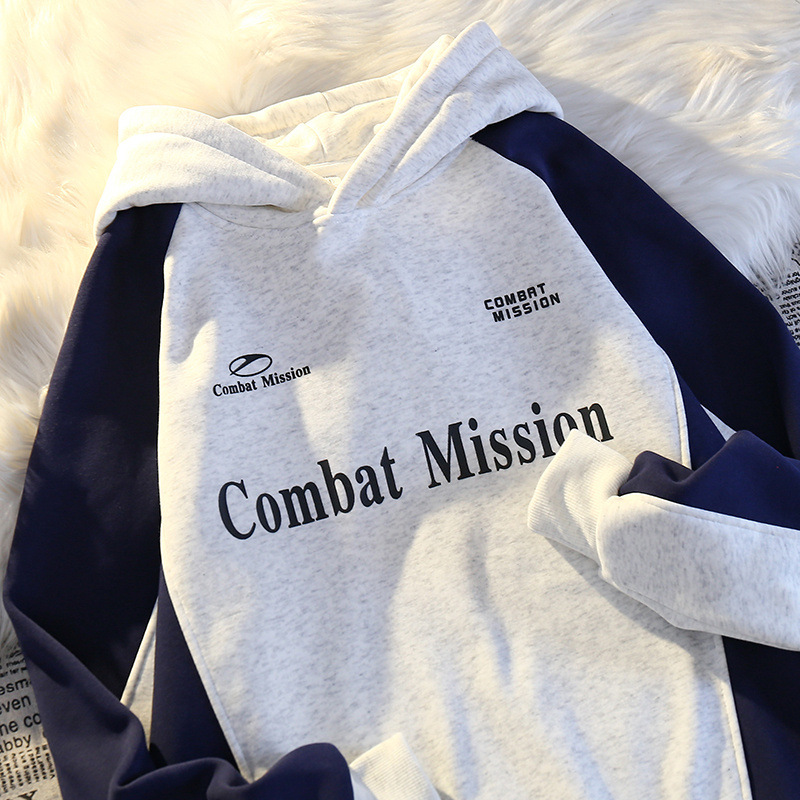 Felpa con cappuccio, manica raglan, stampata con lettere in stile americano, spessa e foderata in pile, patchwork, color-block, alla moda_voghion.com