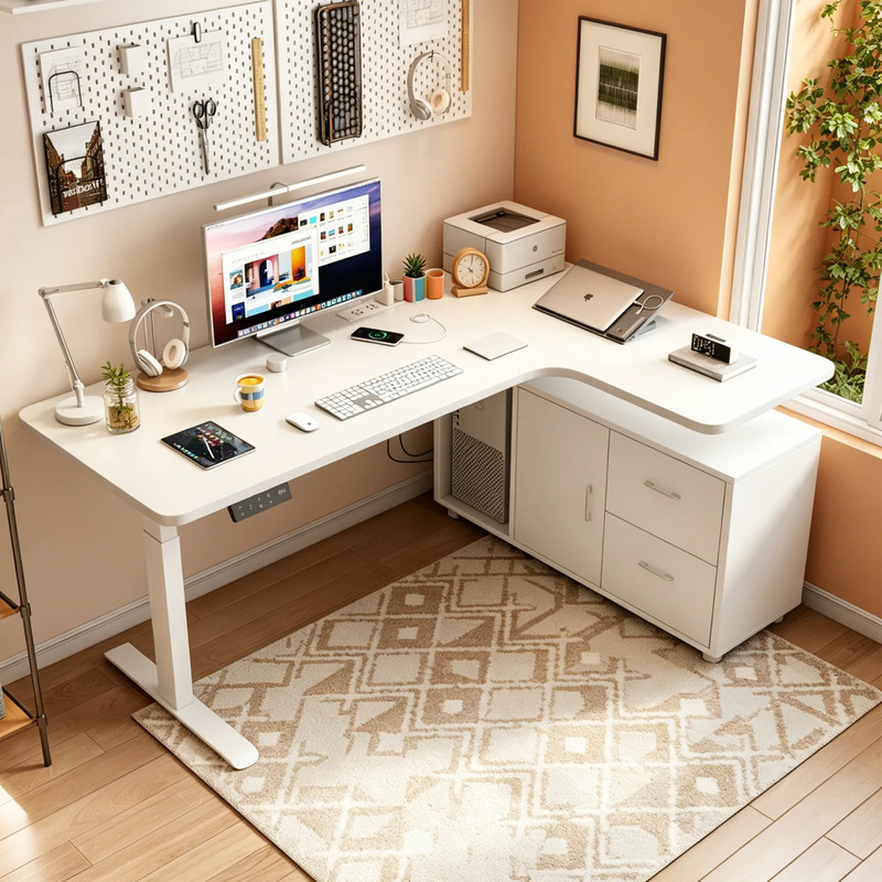 Solid wood corner electric height-adjustable desk, L-shaped corner computer desk, home office desk, study desk