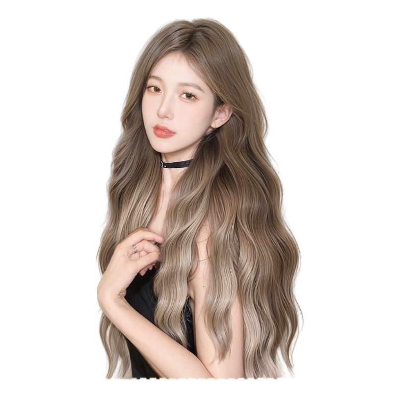 [Yu Qi hermano] peluca de cabello largo de mujer cubierta de cabello de agua ondulada temperamento picante teñido lino gradiente cubierta de cabello de cabello largo rizado