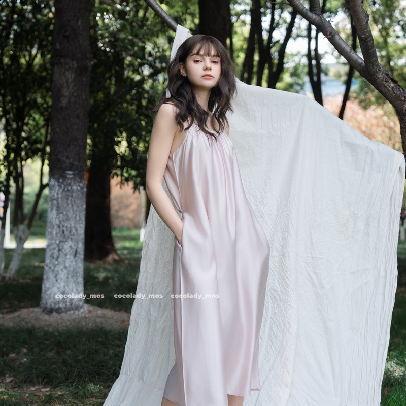 Pure Girl's Suspender Long Skirt 100S Austrian Tencel Pajamas Long Suspender Holiday Home Silk Thin Nightgown
