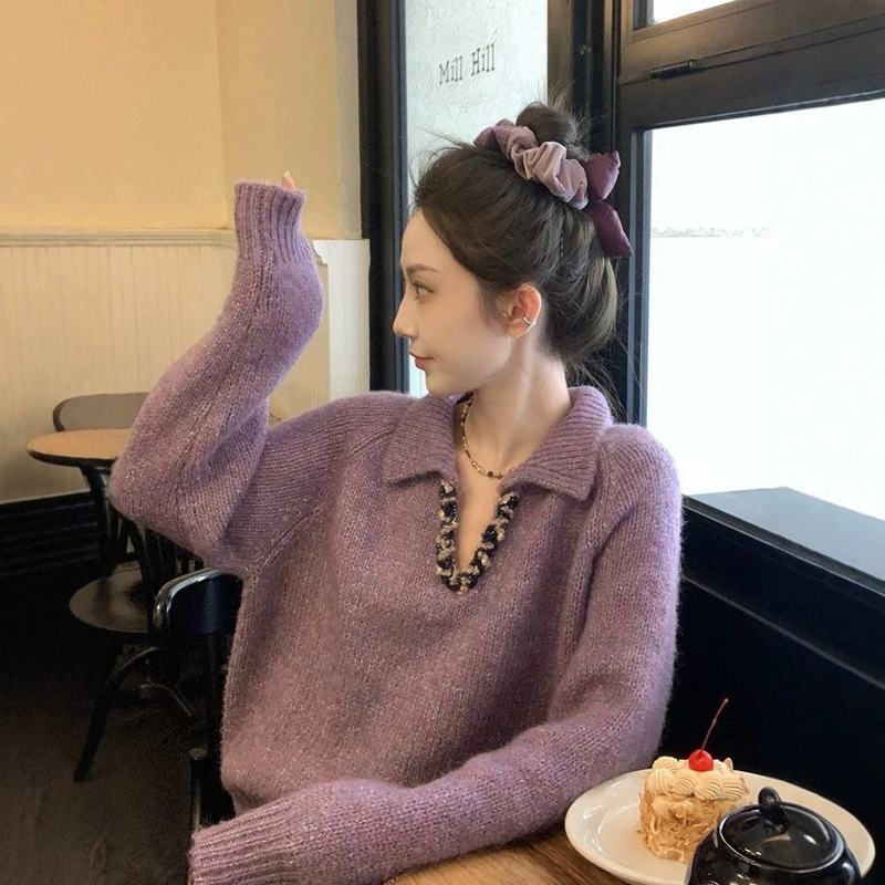 【Yangyang Family】Women's Pullover Knit Sweater, Korean Style, Turn-down Collar, Elegant, Stylish Base Layer, Thickened for Autumn 【Yangyang Family】Women's Pullover Knit Sweater, Korean Style, Turn-down Collar, Elegant, Stylish Base Layer, Thickened for Autumn