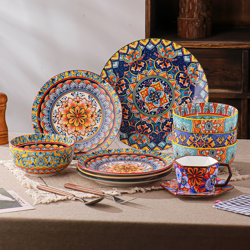 Amazon's best-selling bohemian-style ceramic dinnerware set, including plates, bowls, and serving dishes, suitable for cross-border sales; also includes soup bowls and dishes for serving dumplings Amazon's best-selling bohemian-style ceramic dinnerware set, including plates, bowls, and serving dishes, suitable for cross-border sales; also includes soup bowls and dishes for serving dumplings
