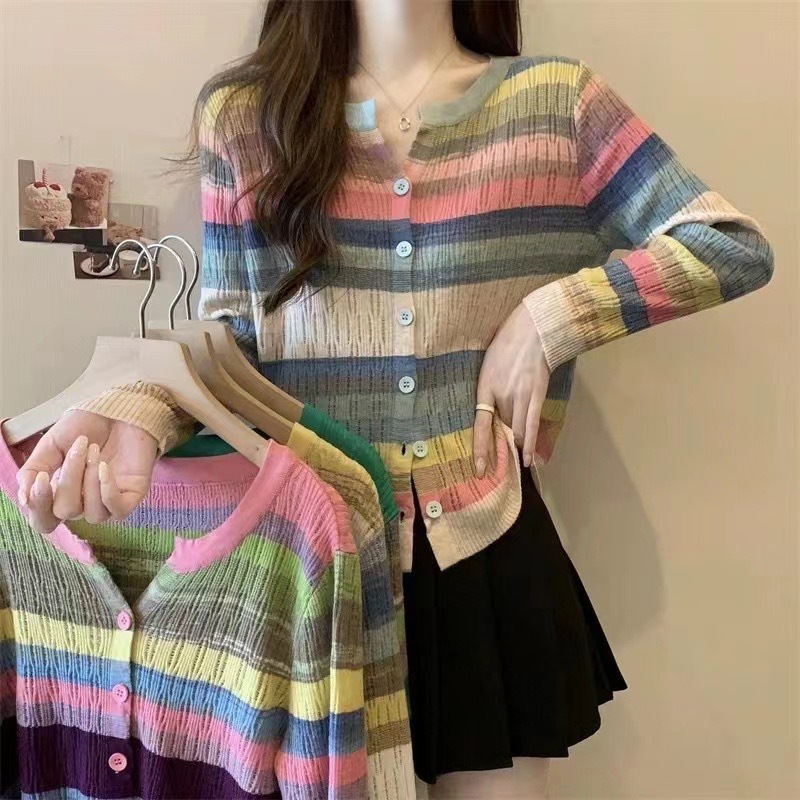 Dopamine Color Stripe Sweater Autumn Slimming Long-sleeved Hollow-out Contrast Sweater Rainbow Cardigan Loose Coat