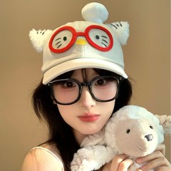可爱眼镜厨师小狗耳朵棒球帽女甜美显脸小鸭舌帽宽帽檐太阳帽子潮