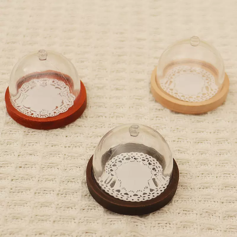 迷你微缩食玩配件木质蛋糕点托盘透明防尘食物罩娃娃屋过家家模型