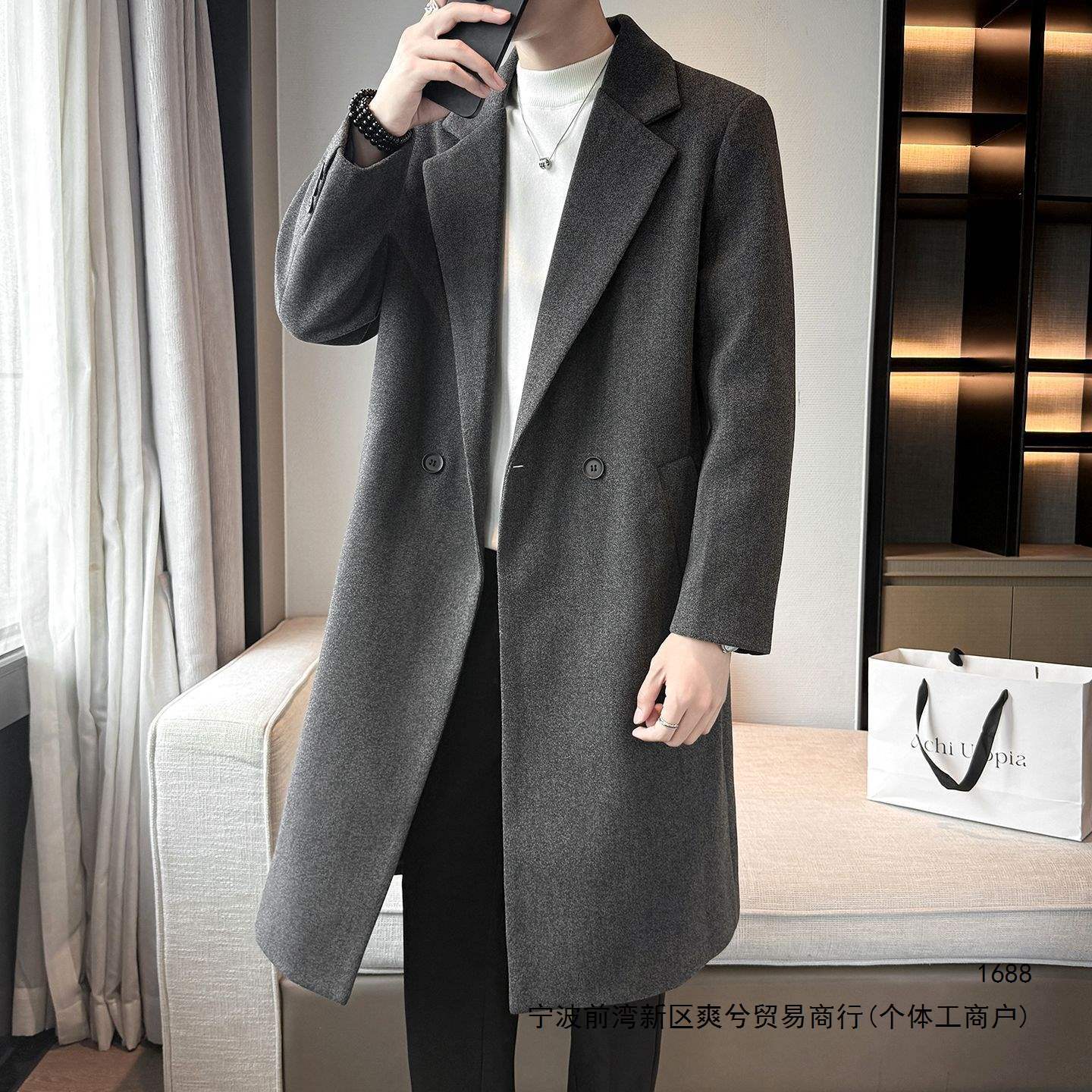 秋冬季加厚毛呢大衣男士风衣长款双排呢子外套中长款轻奢气质运动