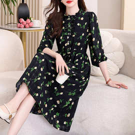 2026春季有口袋抽绳系带印花减龄气质木耳花边长袖过膝中年连衣裙