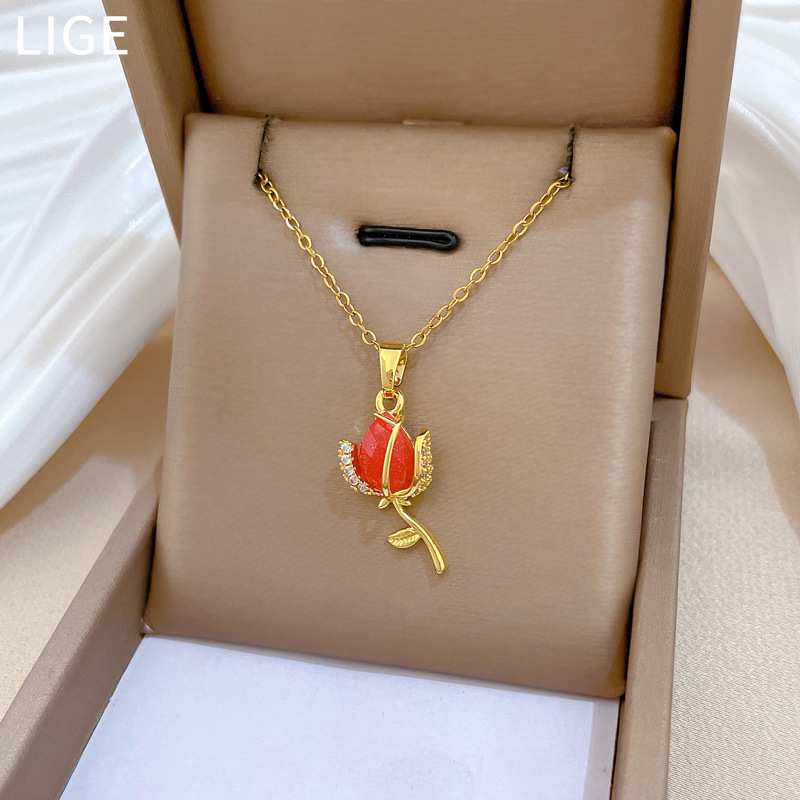 Wunderschöne Rote Rosenhalskette Mit Strass Aus Edelstahl_voghion.com