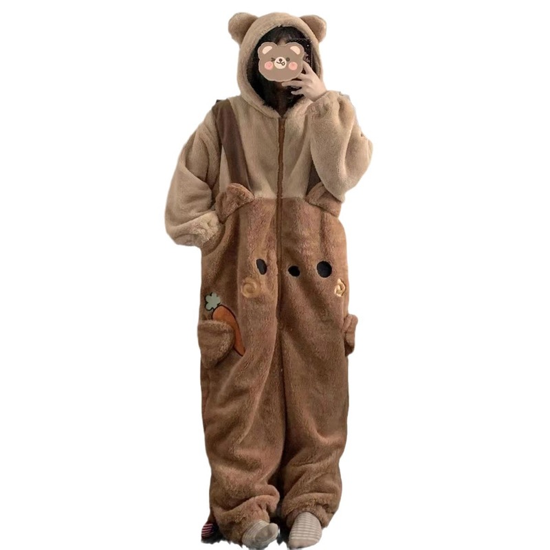 かわいいクマのコーラルベルベットワンピースパジャマ女性用 2025 新しい冬厚みのあるパジャマホーム服は屋外で着用できます|undefined