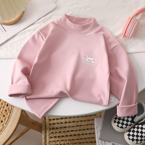 Children's velvet bottomed shirt, semi-high-neck top, boys and girls wear warm inside, spring and autumn clothes, middle and older children's underwear, winter