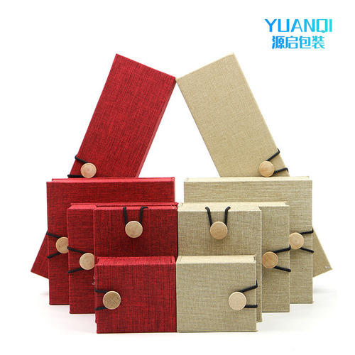 National style wooden buckle jewelry box Retro linen jewelry ring pendant necklace packaging jewelry box can be printed with logo