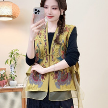 2025夏季新款中国风重工刺绣缎面提花马甲宽松复古欧根纱拼接衬衣