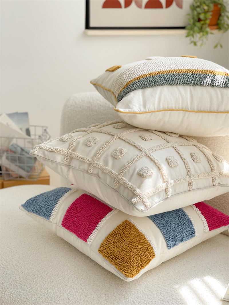 Federa per cuscino in tela di cotone stile nordico, modello di decorazione per la casa, modello di velluto, a righe geometriche, ricamata, per divano_voghion.com