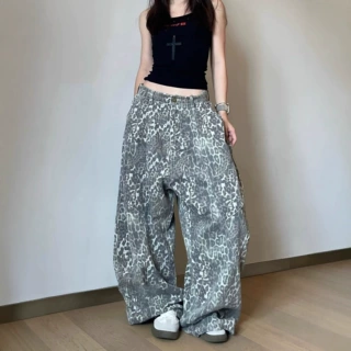 跨境潮流美式豹纹直筒裤女复古潮牌小众休闲裤废土风宽松显瘦裤子