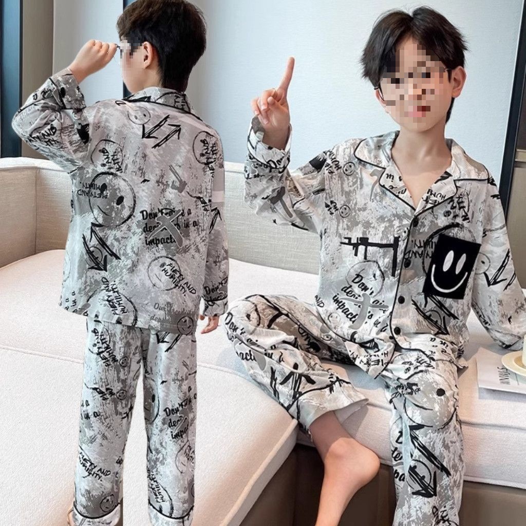 Primavera y otoño 2025 nuevo pijama de niño Cardigan manga larga primavera y otoño juvenil ropa de hogar set de algodón nublado