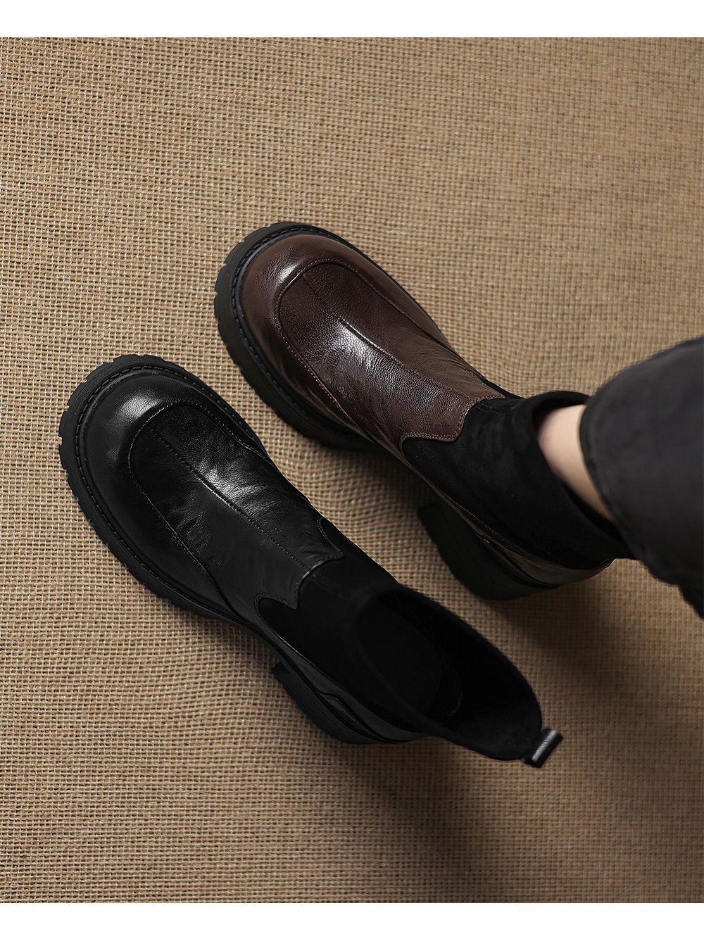 Boot cổ ngắn cao gót đế dày mũi tròn phong cách retro thu đông 2025, phối dệt kim, gót thô ôm chân — nhung đen, Nhung nâu, Lớp lót đơn màu đen, Lớp lót đơn màu nâu chi tiết 12