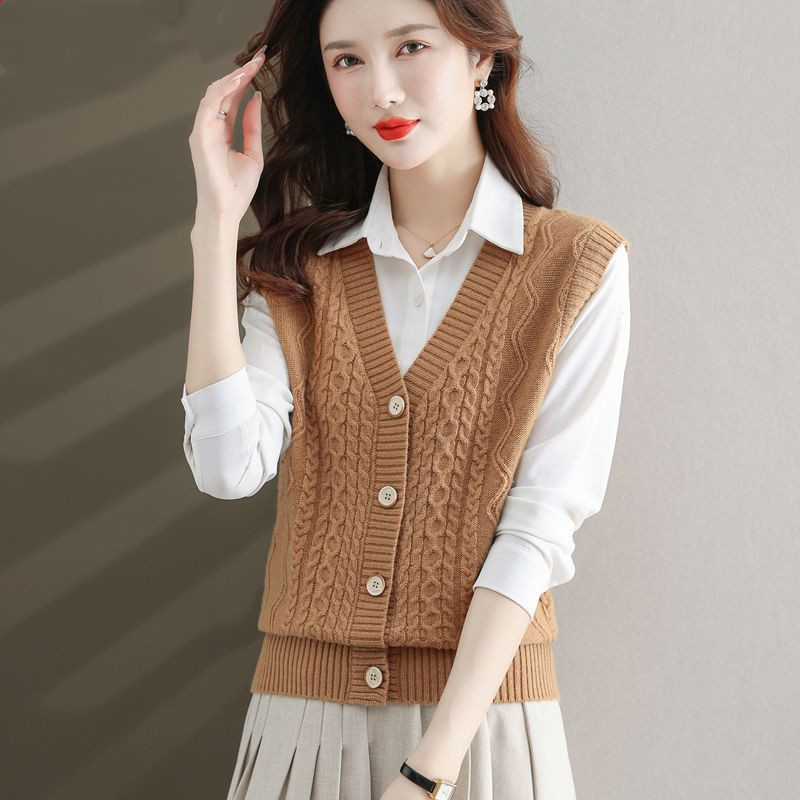 Middle-aged Women's V-neck Knitted Vest 2024 Spring New Stacked Sweater Vest Override Cardigan