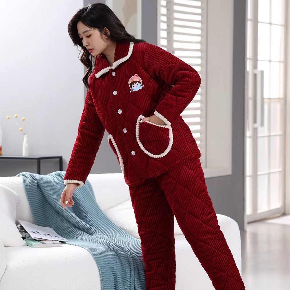 パジャマ女性冬のサンゴのベルベットの三層の厚いベルベット保温綿フランネル春秋冬の家庭服