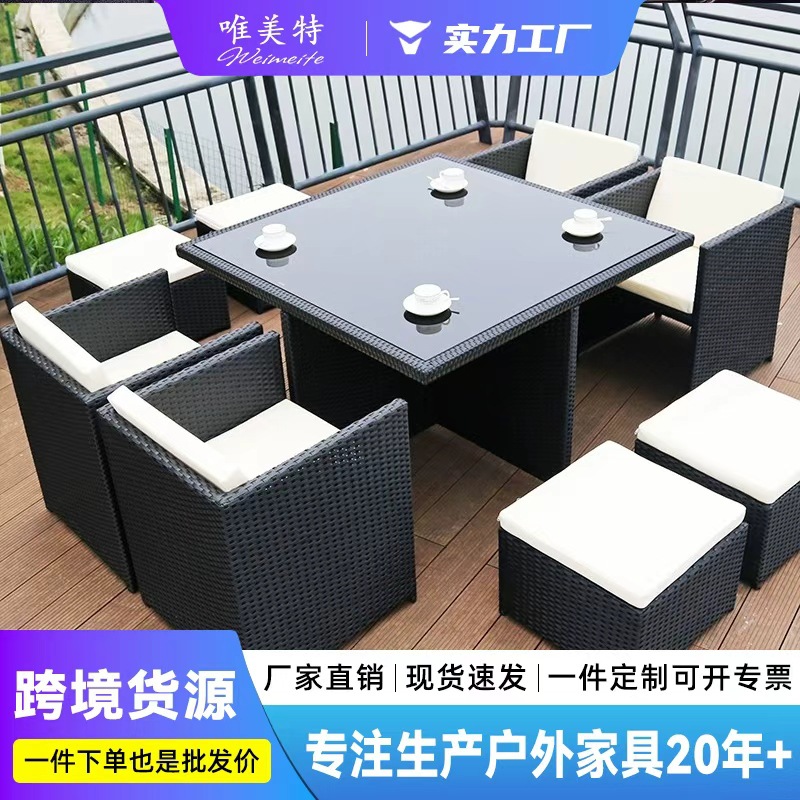 Mesa y silla al aire libre Villa patio jardín ocio silla de caña combinación impermeable al aire libre tabla de té de caña con paraguas