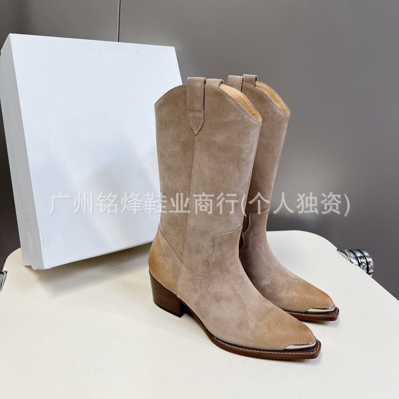 高版小众新款麂皮金属铁头西部牛仔靴复古做旧擦色尖头粗跟中筒靴|undefined