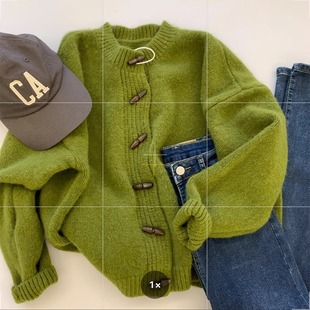 Green Horns Knitted Cardigan Women's Autumn and Winter European Raccoon Velvet Thickened Winter Outer Sweater Coat High-grade Sense