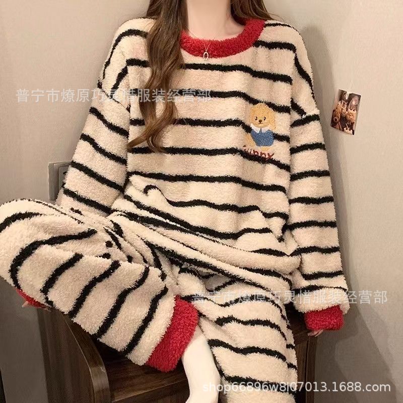 可爱冬天睡衣女秋冬季新款加绒加厚法兰珊瑚绒毛绒学生家居服套装