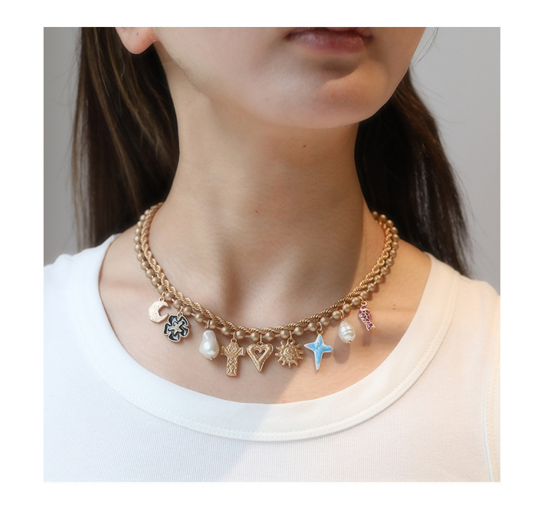 17g Weight Rhinestones Inlay Material Bracelets, Necklace Classification Necklace + Jewelry Quantity Holiday, Daily Occasion Casual Ethnic Style Heart Shape Eye Flower Alloy Enamel Pearl Inlay Rhinestones Women's Bracelets Necklace