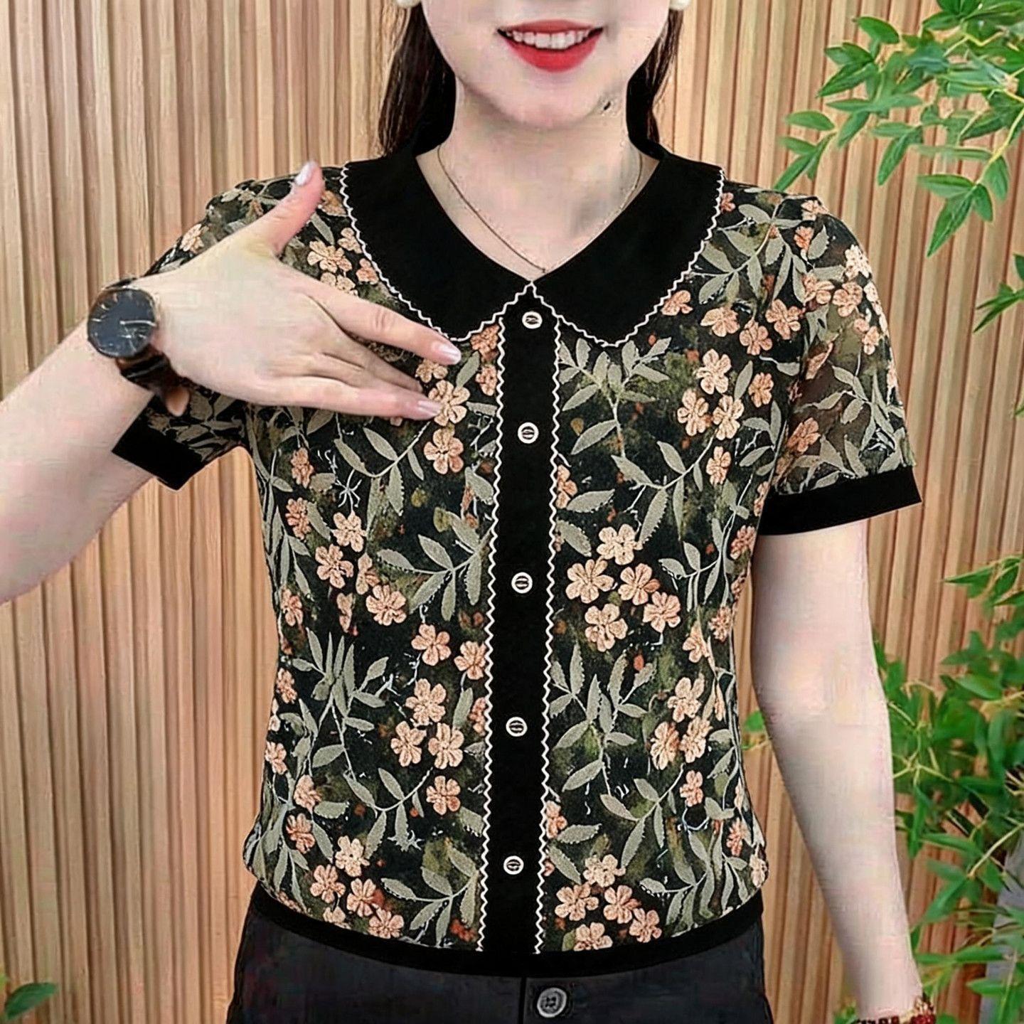 Women's short-sleeved T-shirt for middle-aged and elderly mothers, new summer style, loose fit, plus size.