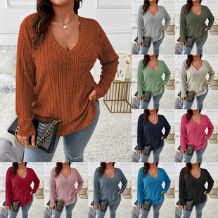 2025 Amazon Fall/Winter New Solid Color plus size Women's Top V-Neck Long Sleeve Pit Sanding T-Shirt Loose Pullover