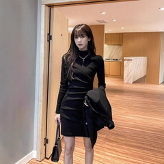 纯欲黑色打底裙辣妹包臀短裙秋冬半高领修身收腰显瘦内搭连衣裙女