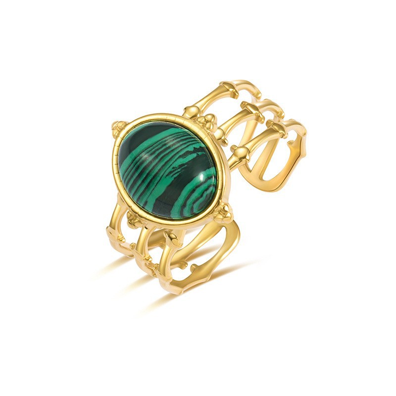 Anillo de verde de pavo real que no se desvanece Moda europea y americana de las mujeres Anillo de pulsera de goteo de aceite esmeralda de piedra natural ajustable abierto
