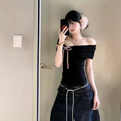 韩系chic一字肩粉色蝴蝶结短袖t恤女夏季新款修身短款露肩小上衣