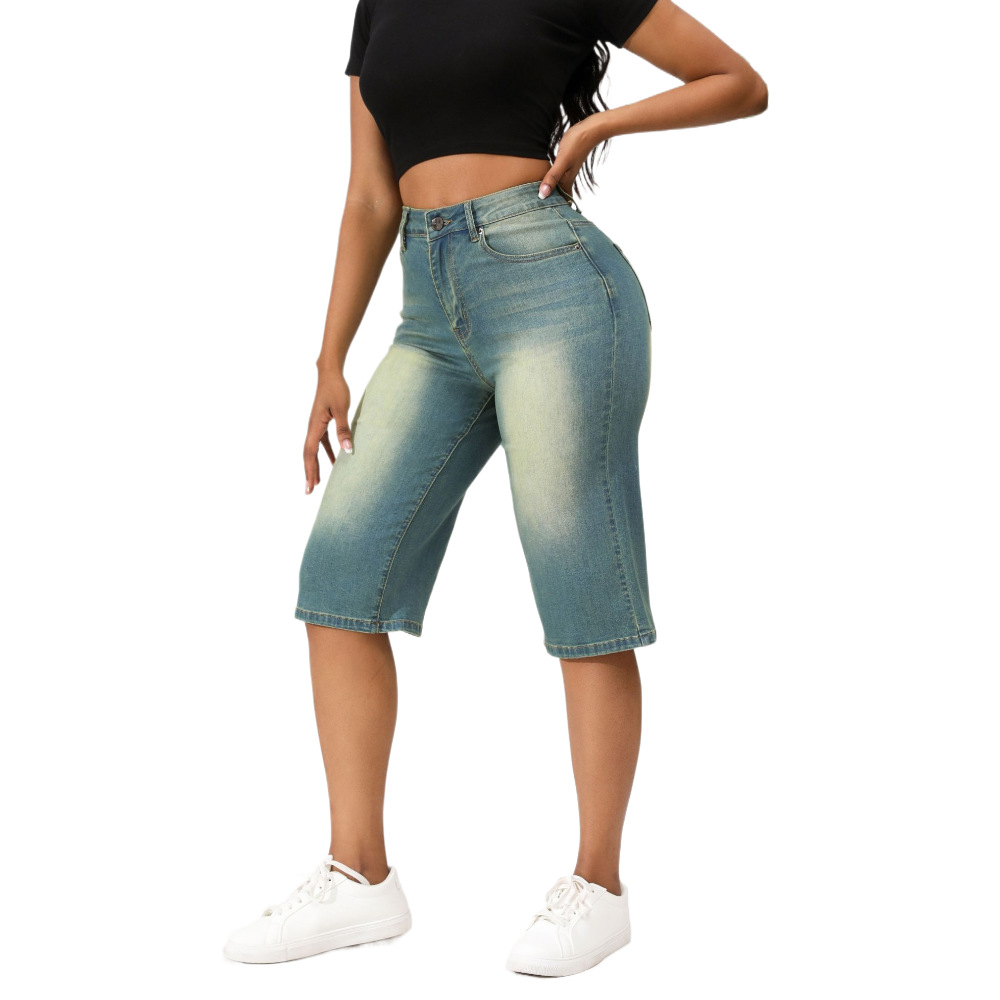 Tendencia europea y americana transfronteriza Vaqueros retro lavados sobre la rodilla mujeres primavera y verano nuevos jeans Jeans elásticos sueltos
