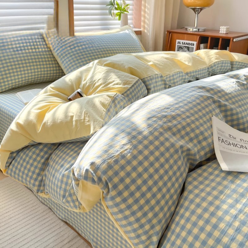 Mevsimlik İplik Boyalı Yıkanmış Dört Parçalı Set, Saf Pamuk 2025 Yeni Model Öğrenci Yurt Yatak Takımı, Nevresim Takımı ve_voghion.com