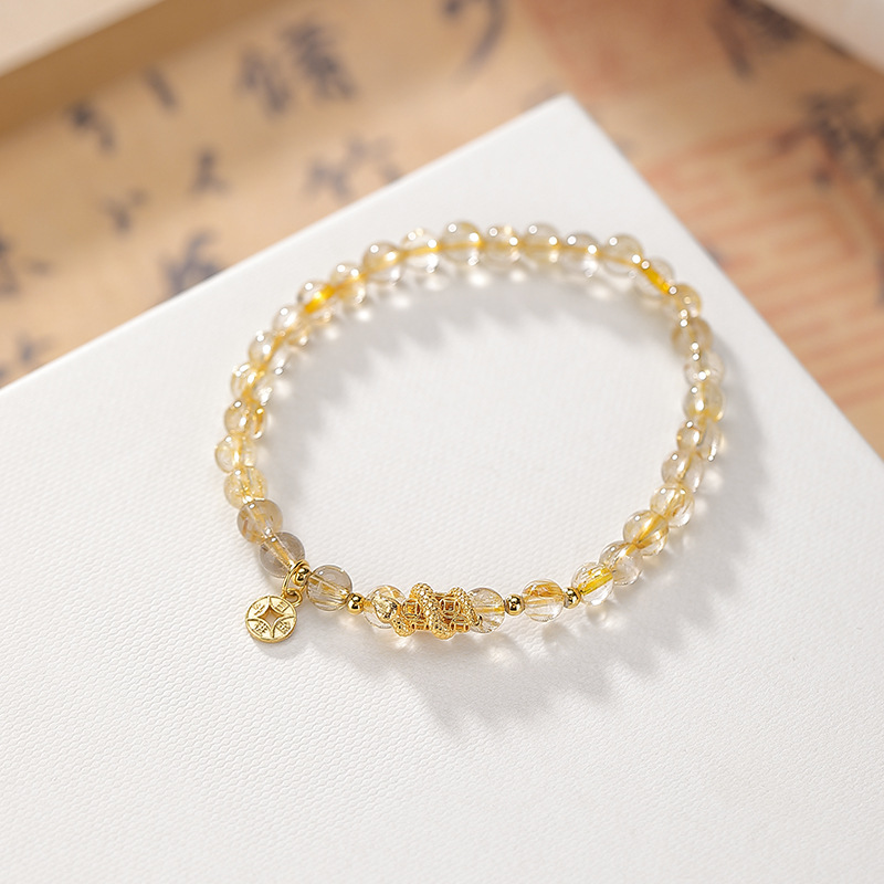 Vòng tay nữ bạc 925 mạ vàng đính đá citrine tròn charm đồng xu rắn — một mảnh