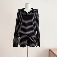 polo领条纹针织衫套装女秋修身短裤两件套