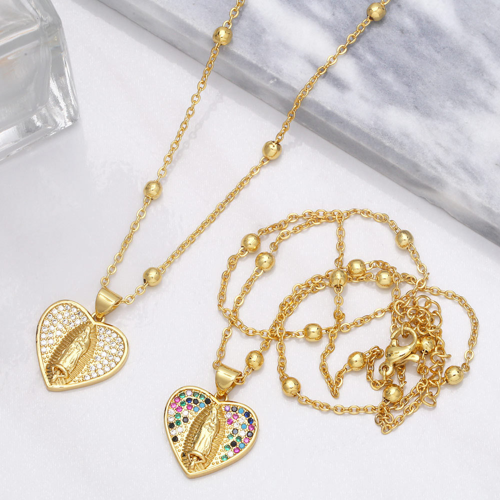 Fashion Colorful Zircon Heart-Shaped Virgin Mary Copper 18K Gold-plated Necklace
