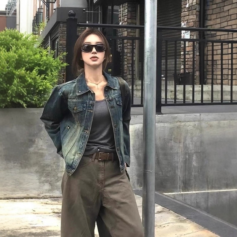 秋季水洗做旧复古宽松休闲正肩工装牛仔夹克外套女新款百搭上衣潮