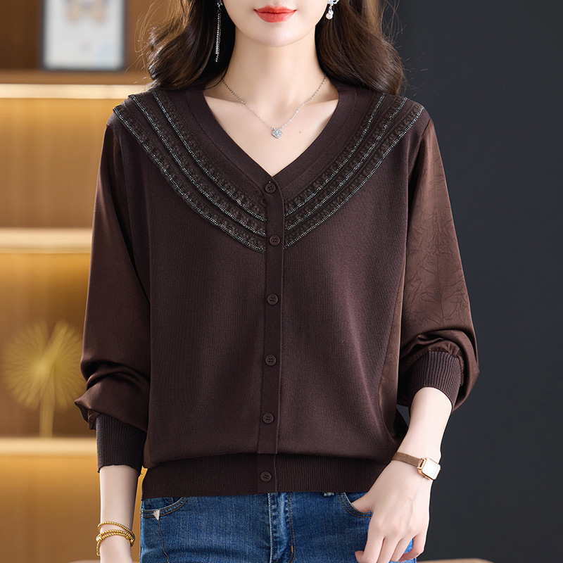 Elegant V-Neck Knit Sweater for Women, 2026 Spring New Style, Chiffon Sleeve Patchwork, Plus Size, Slimming, Stylish and Fashionable Top