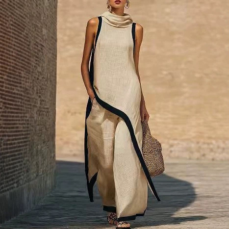 Cross-Border 2026 New Style Old Money Style Cotton and Linen Set for Women, Irregular Design Sleeveless Blouse and Wide-Leg Pants Two-Piece Set Cross-Border 2026 New Style Old Money Style Cotton and Linen Set for Women, Irregular Design Sleeveless Blouse and Wide-Leg Pants Two-Piece Set
