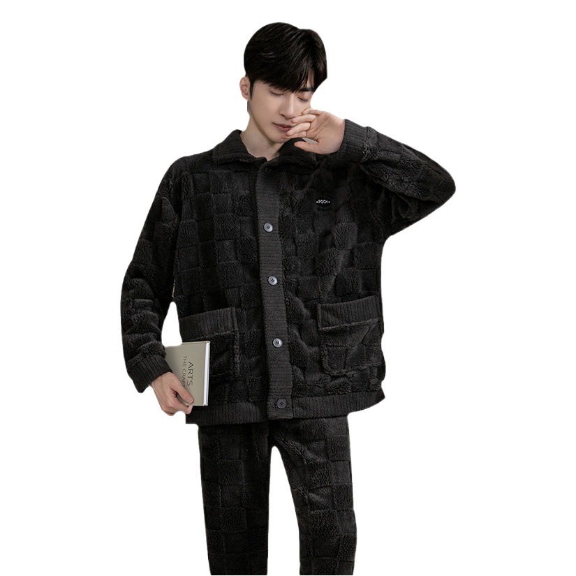 2023 nuevos pijamas de los hombres de otoño e invierno forrado de lana engrosada de manga larga cálido coral polar franela traje de desgaste para el hogar