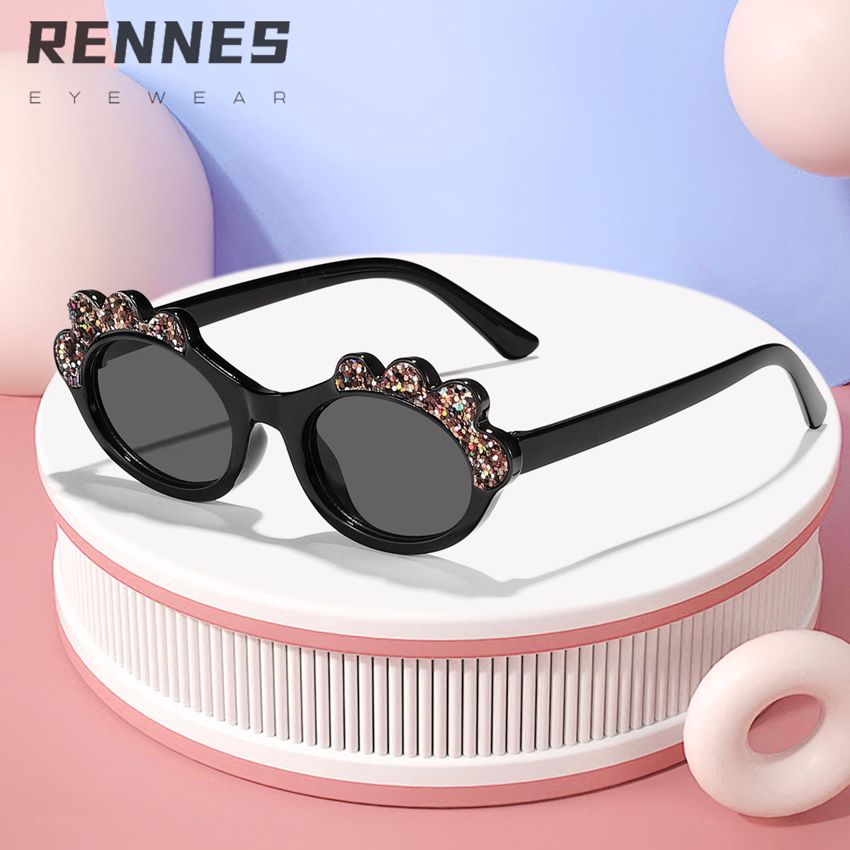 Gafas de sol anti-ultravioleta con marco ovalado de dibujos animados lindo con lentejuelas para niños