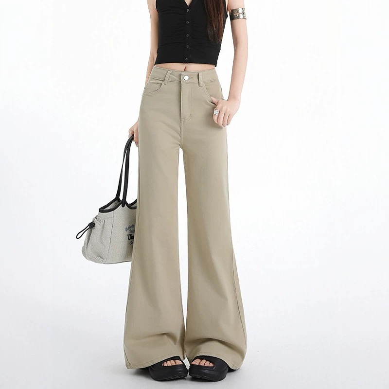 Khaki Tencel Non-Tight Flared Jeans for Women, Thin Summer High-Waisted Petite Ice Silk Wide-Leg Pants Khaki Tencel Non-Tight Flared Jeans for Women, Thin Summer High-Waisted Petite Ice Silk Wide-Leg Pants