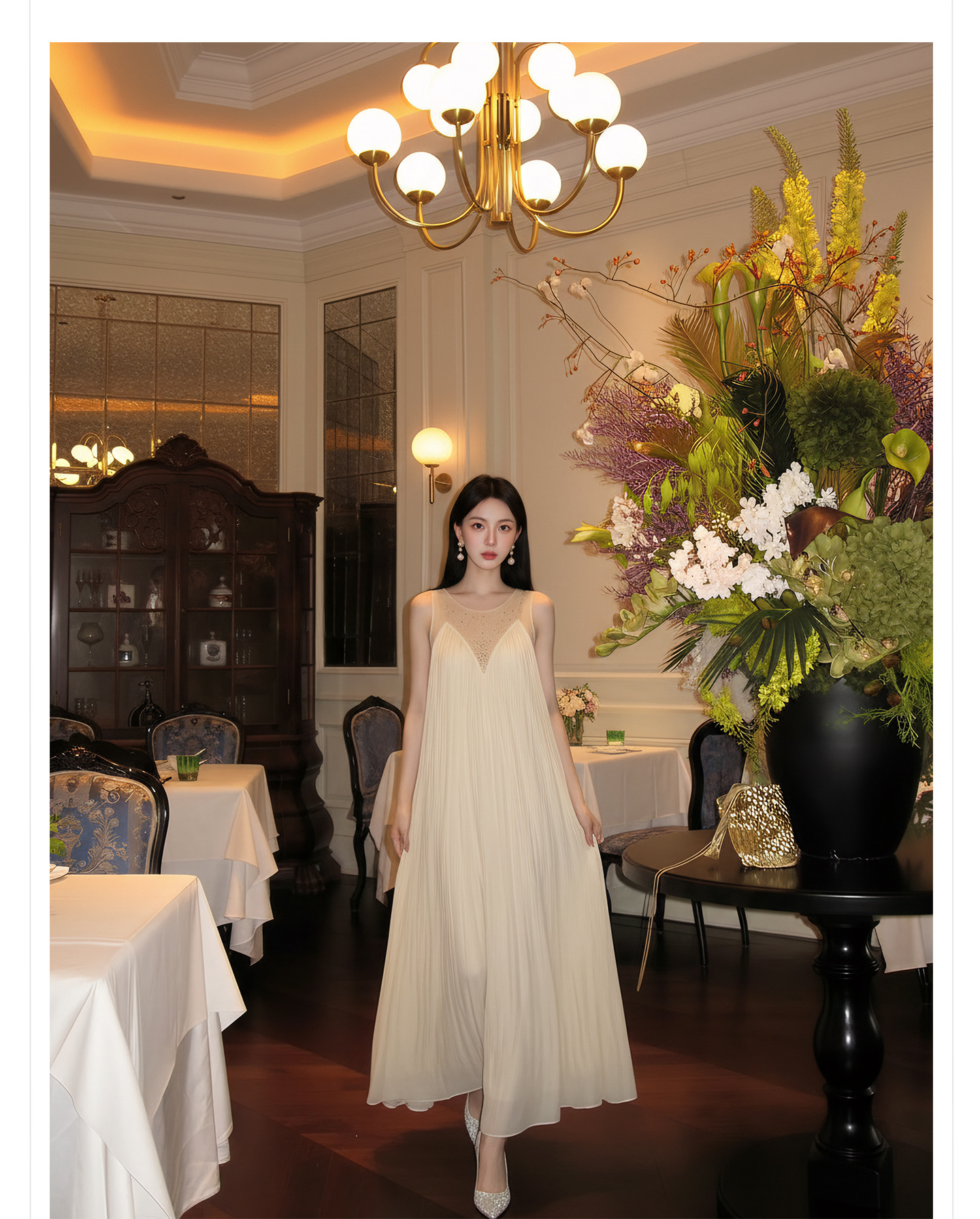 Đầm maxi nữ thắt eo không tay, cổ tròn, phối ren và vải lưới đính đá, tay áo xếp ly bồng — màu nâu, màu mơ chi tiết 11