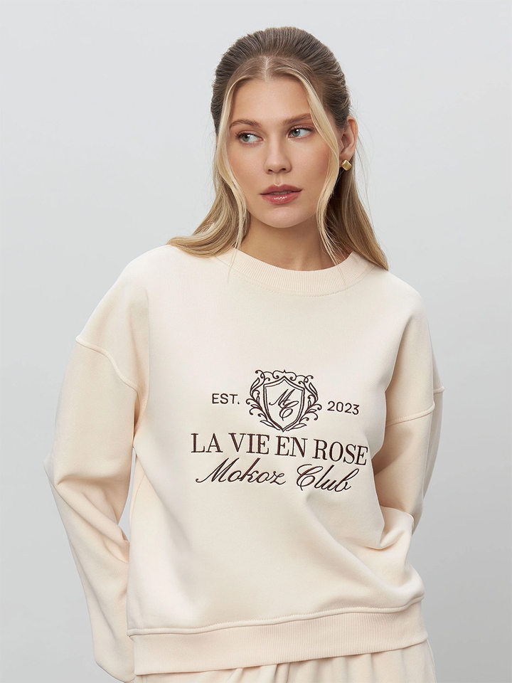Bộ đôi áo nỉ thêu và quần dài nữ phong cách casual — Màu trắng nhạt, Màu xanh hải quân, màu xám, nâu sẫm chi tiết 51