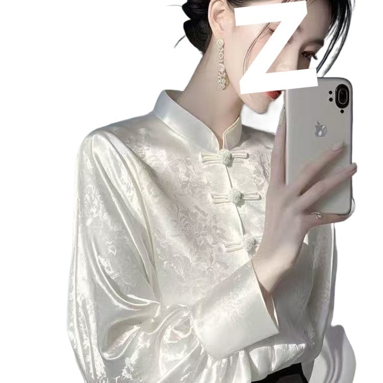 新中式国风内搭打底衫女早春高级感轻奢减龄洋气白色提花衬衫2025|undefined