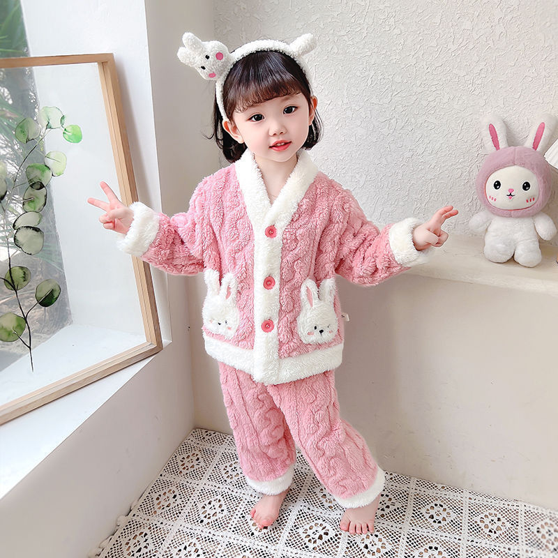 Girls' flannel pajamas suit children's autumn and winter clothes handsome baby boy fleece-lined thickened comfortable cotton fleece home wear